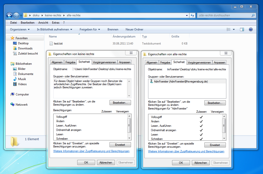 Die Ausgangssituation mit Leserecht nur auf den Ordner "alle-rechte"