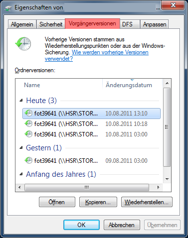 Ordnereigenschaften mit selektiertem "Vorgängerversionen"-Tab