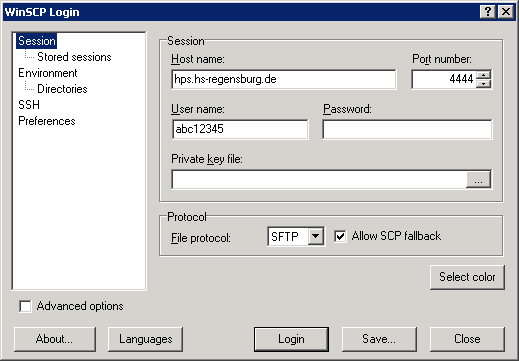 Loginfenster von WinSCP